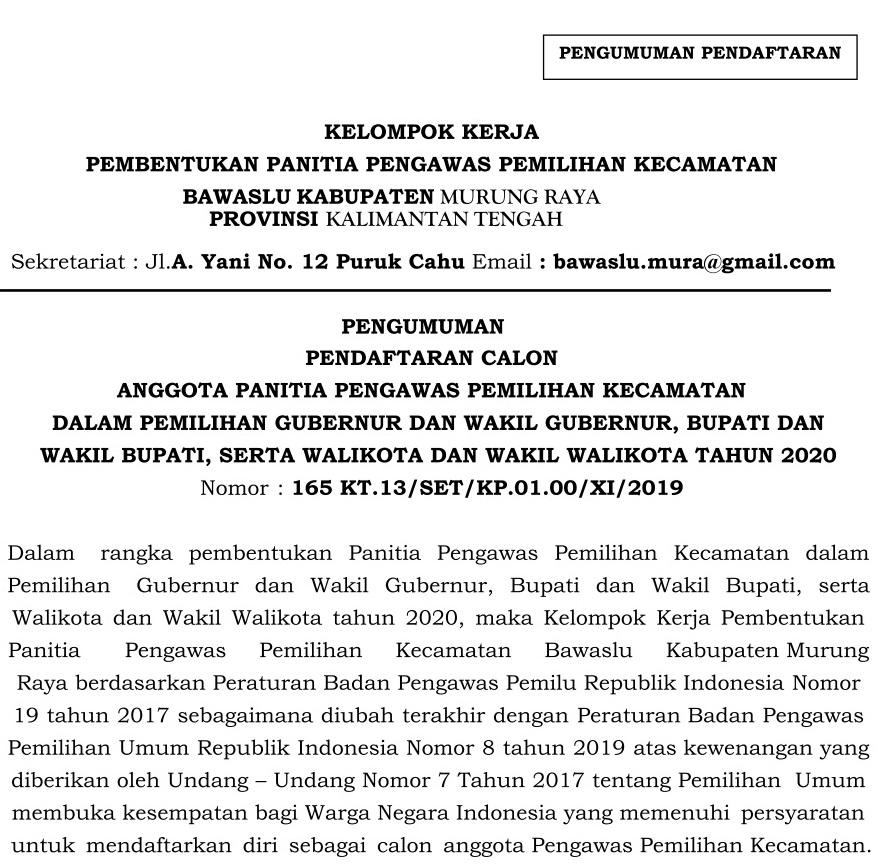 PENGUMUMAN REKRUTMEN PANITIA PENGAWAS KECAMATAN 2019