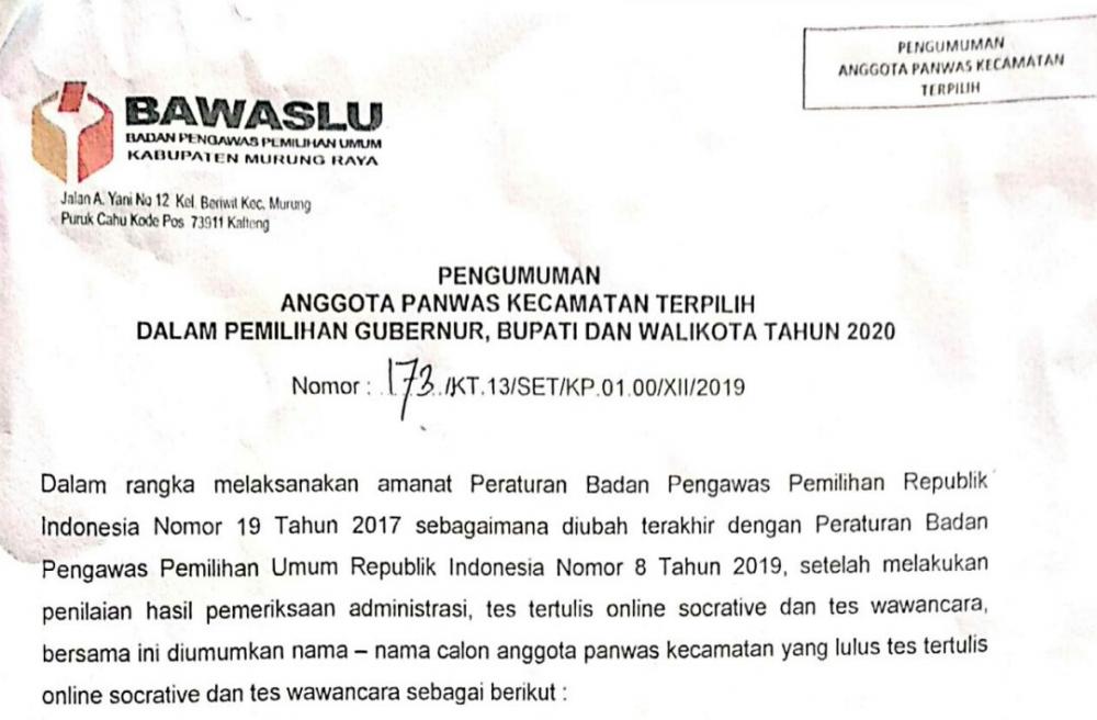 PENGUMUMAN HASIL SELEKSI PANWASCAM 2019